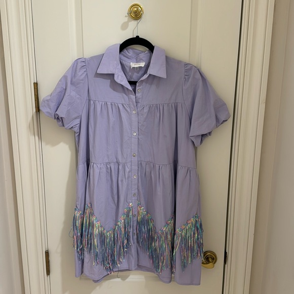 Small Lilac button down tee shirt dress with sequins. - Picture 1 of 5
